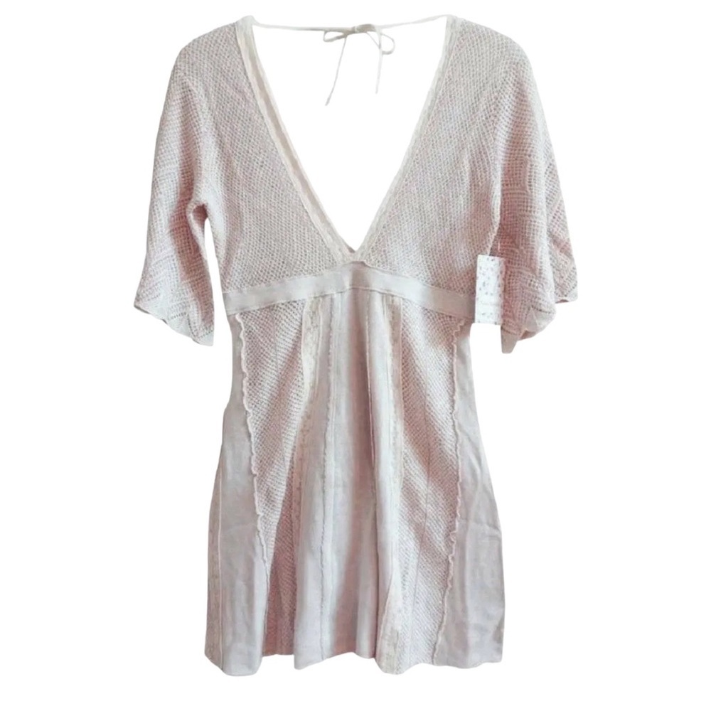 🌺 SOLD 🌺 148 Free People Plunge Mini Dress XSmall 0 2 XS Mixed Knit Tie - Picture 7 of 15
